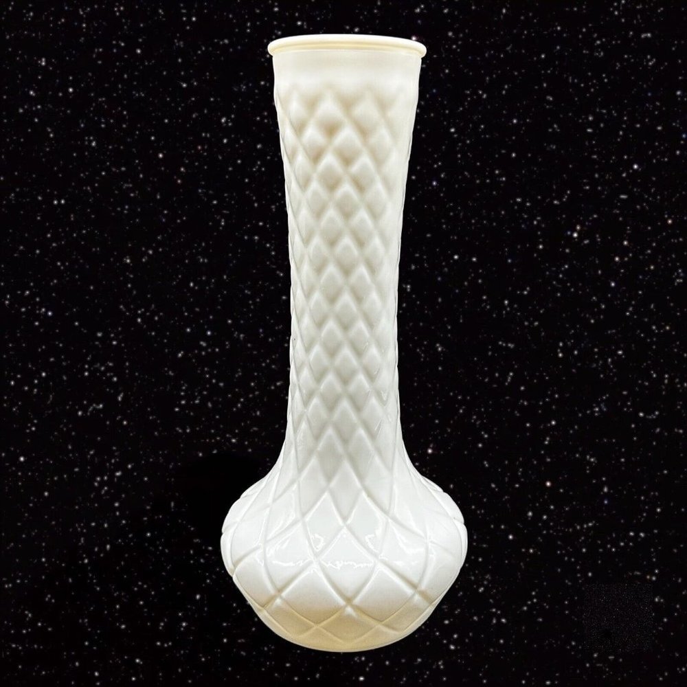Vintage Hoosier Glass‎ Milk Glass Quilted Pattern Flower Bud Vase 9”T 2”W
